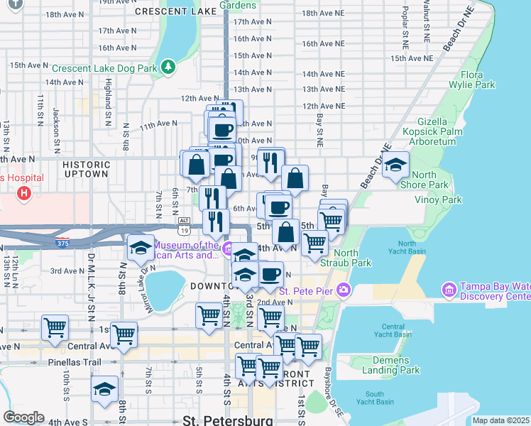 map of restaurants, bars, coffee shops, grocery stores, and more near 220 6th Avenue North in Saint Petersburg