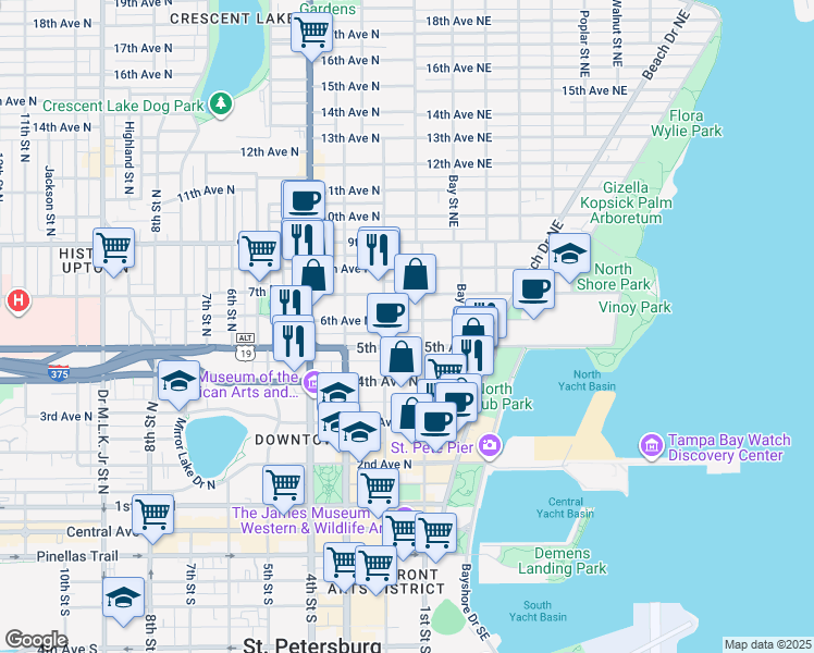 map of restaurants, bars, coffee shops, grocery stores, and more near 122 6th Avenue North in St. Petersburg
