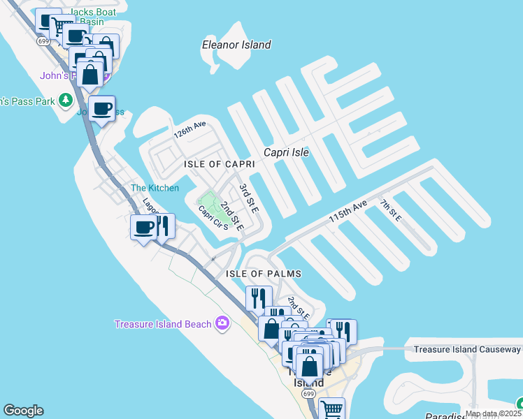 map of restaurants, bars, coffee shops, grocery stores, and more near 11755 3rd Street East in Treasure Island