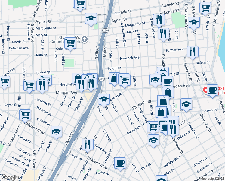 map of restaurants, bars, coffee shops, grocery stores, and more near 1702 Morgan Avenue in Corpus Christi