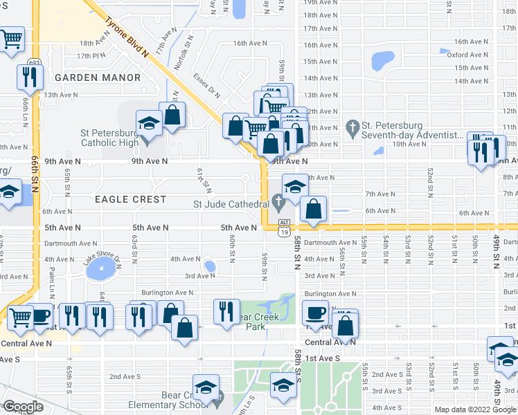 map of restaurants, bars, coffee shops, grocery stores, and more near 600 Tyrone Boulevard North in St. Petersburg