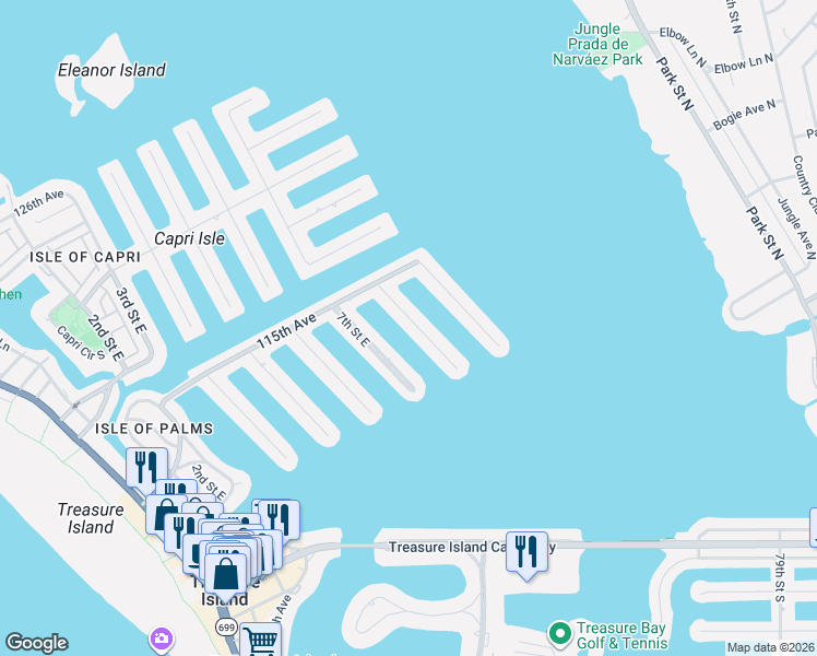 map of restaurants, bars, coffee shops, grocery stores, and more near 11360 8th Street East in Treasure Island