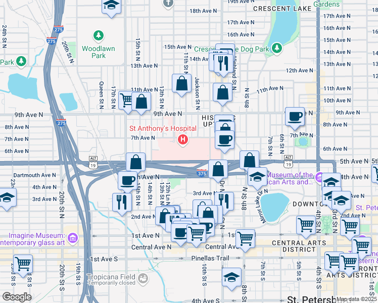 map of restaurants, bars, coffee shops, grocery stores, and more near 560 Jackson Street North in St. Petersburg