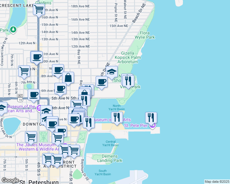 map of restaurants, bars, coffee shops, grocery stores, and more near 595 5th Avenue Northeast in St. Petersburg