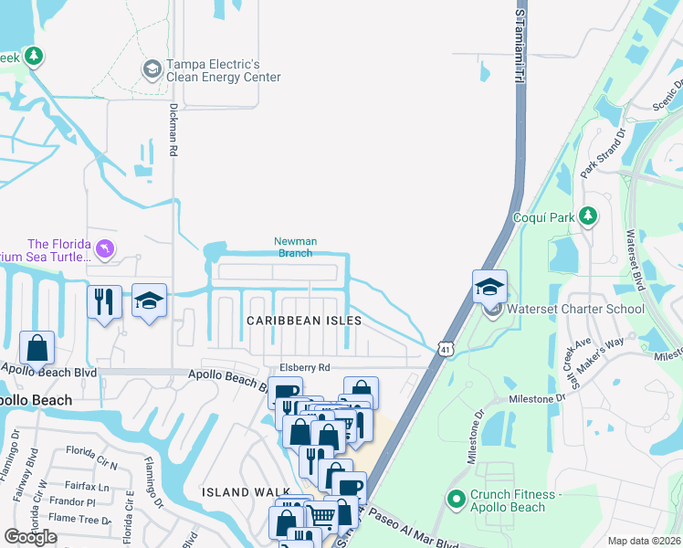 map of restaurants, bars, coffee shops, grocery stores, and more near 106 South Saint Thomas Circle in Apollo Beach