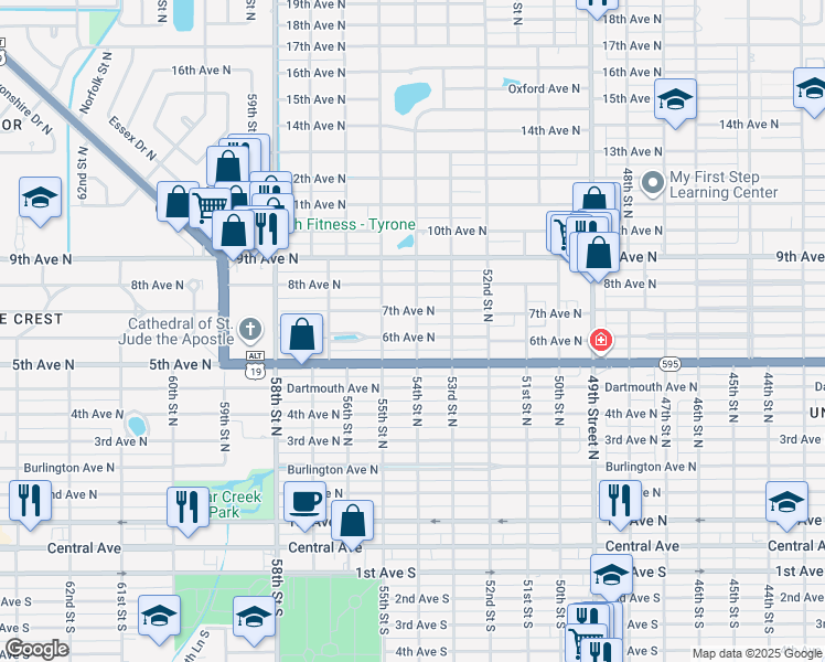 map of restaurants, bars, coffee shops, grocery stores, and more near 5401 6th Avenue North in St. Petersburg