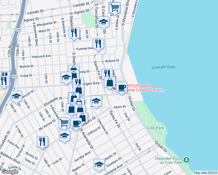 map of restaurants, bars, coffee shops, grocery stores, and more near 1317 3rd Street in Corpus Christi