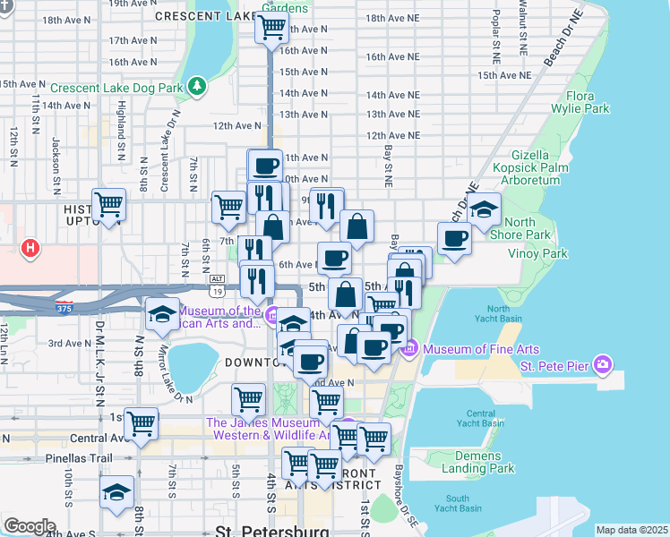 map of restaurants, bars, coffee shops, grocery stores, and more near 549 2nd Street North in St. Petersburg