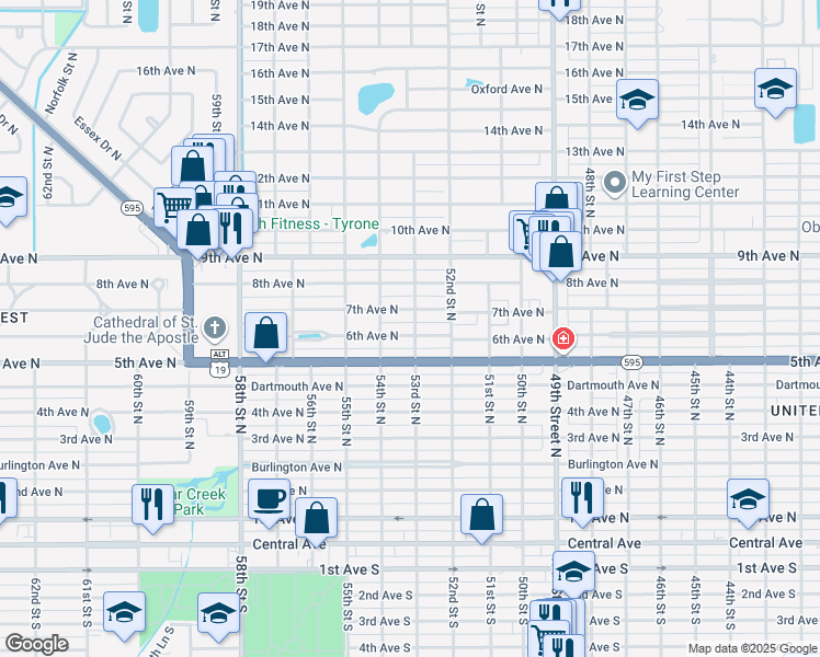 map of restaurants, bars, coffee shops, grocery stores, and more near 5301 6th Avenue North in Saint Petersburg