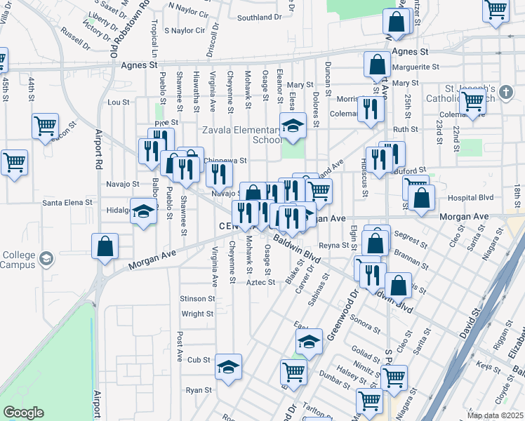 map of restaurants, bars, coffee shops, grocery stores, and more near 521 Osage Street in Corpus Christi