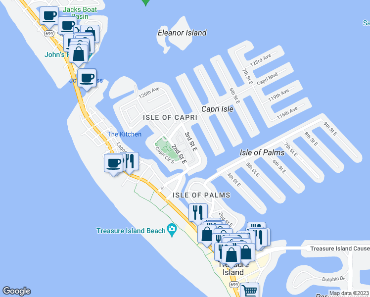 map of restaurants, bars, coffee shops, grocery stores, and more near 258 Sea Mist Drive in Treasure Island