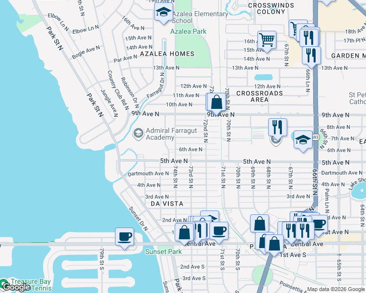 map of restaurants, bars, coffee shops, grocery stores, and more near 7321 6th Avenue North in St. Petersburg