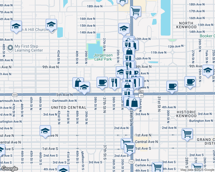 map of restaurants, bars, coffee shops, grocery stores, and more near 3627 6th Avenue North in St. Petersburg