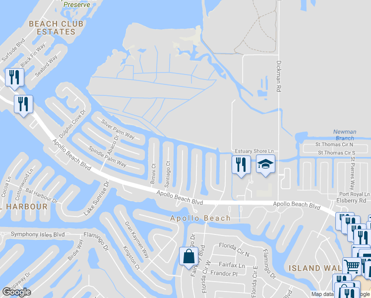 map of restaurants, bars, coffee shops, grocery stores, and more near 6533 Senegal Palm Way in Apollo Beach