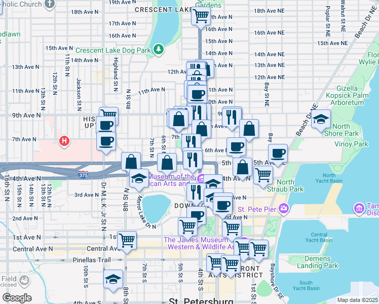 map of restaurants, bars, coffee shops, grocery stores, and more near 450 6th Avenue North in St. Petersburg