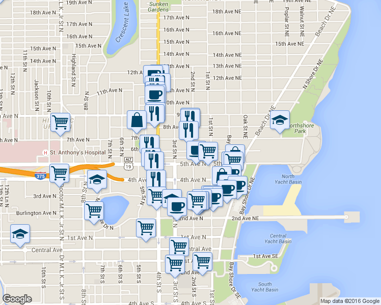 map of restaurants, bars, coffee shops, grocery stores, and more near 236 6th Avenue North in St. Petersburg