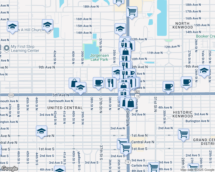 map of restaurants, bars, coffee shops, grocery stores, and more near 3627 6th Avenue North in St. Petersburg