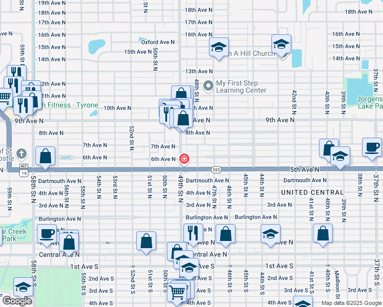 map of restaurants, bars, coffee shops, grocery stores, and more near 601 49th Street North in St. Petersburg