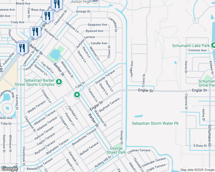map of restaurants, bars, coffee shops, grocery stores, and more near 352 Perch Lane in Sebastian