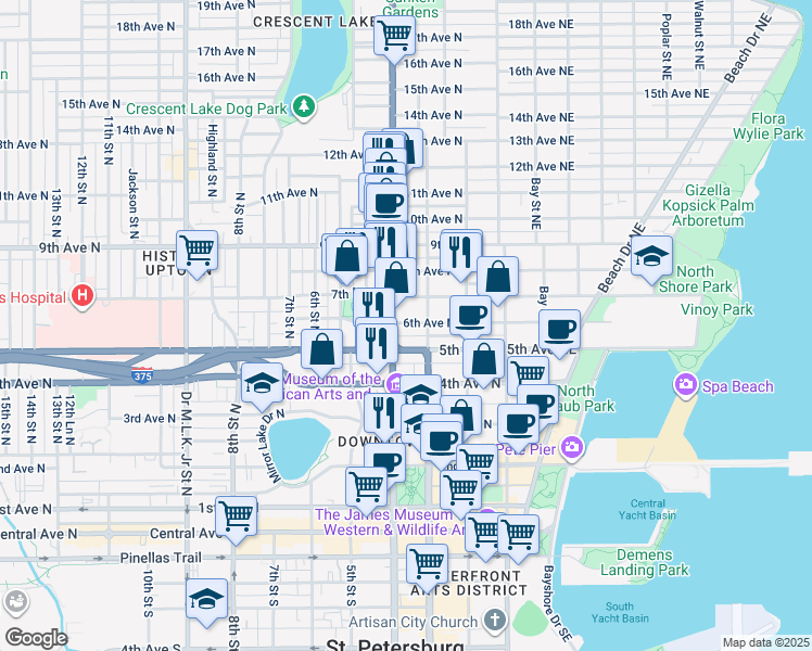 map of restaurants, bars, coffee shops, grocery stores, and more near 334n 6th Avenue North in St. Petersburg