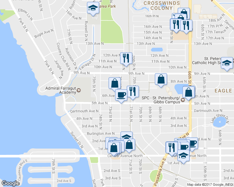 map of restaurants, bars, coffee shops, grocery stores, and more near 7209 6th Ave N in St Petersburg