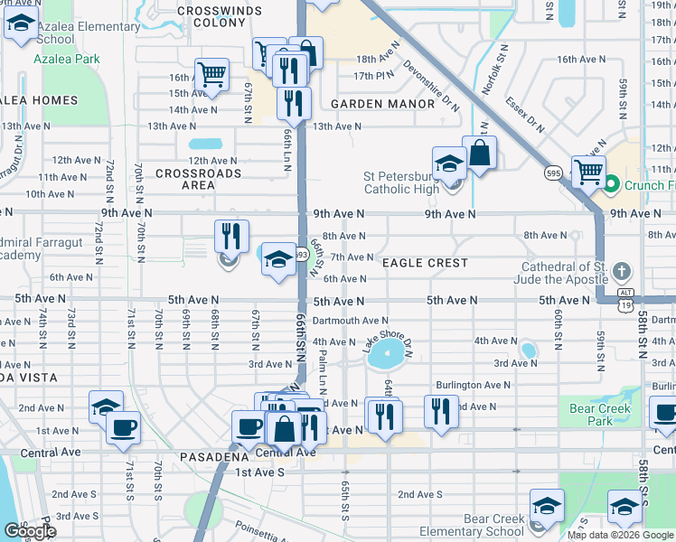 map of restaurants, bars, coffee shops, grocery stores, and more near 612 65th Street North in St. Petersburg
