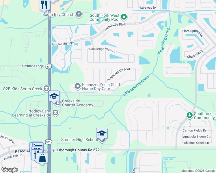 map of restaurants, bars, coffee shops, grocery stores, and more near 11012 Little Blue Heron Drive in Riverview