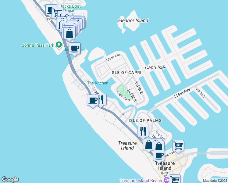 map of restaurants, bars, coffee shops, grocery stores, and more near 12100 Capri Circle South in Treasure Island