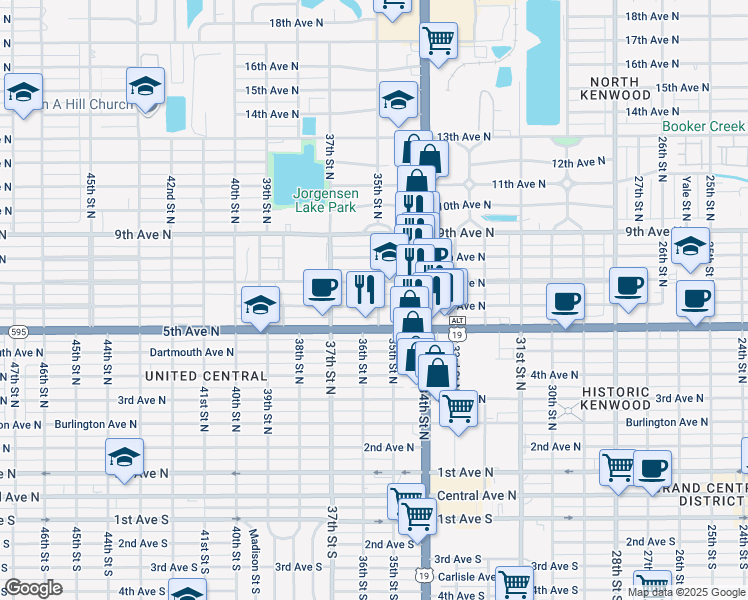 map of restaurants, bars, coffee shops, grocery stores, and more near 3505 6th Avenue North in St. Petersburg