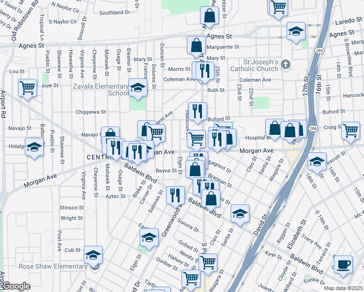 map of restaurants, bars, coffee shops, grocery stores, and more near 1220 Elgin Street in Corpus Christi