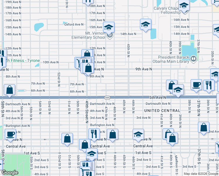 map of restaurants, bars, coffee shops, grocery stores, and more near 4641 6th Ave N in St Petersburg