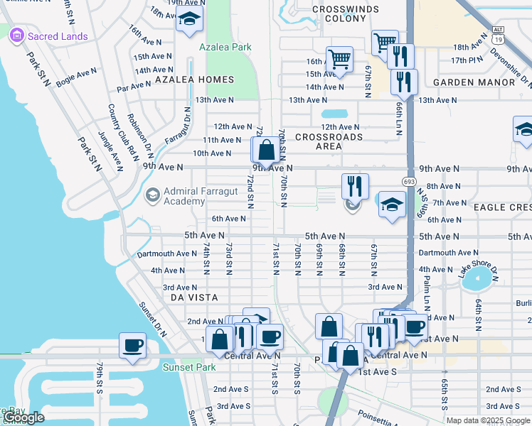 map of restaurants, bars, coffee shops, grocery stores, and more near 7113 6th Avenue North in St. Petersburg
