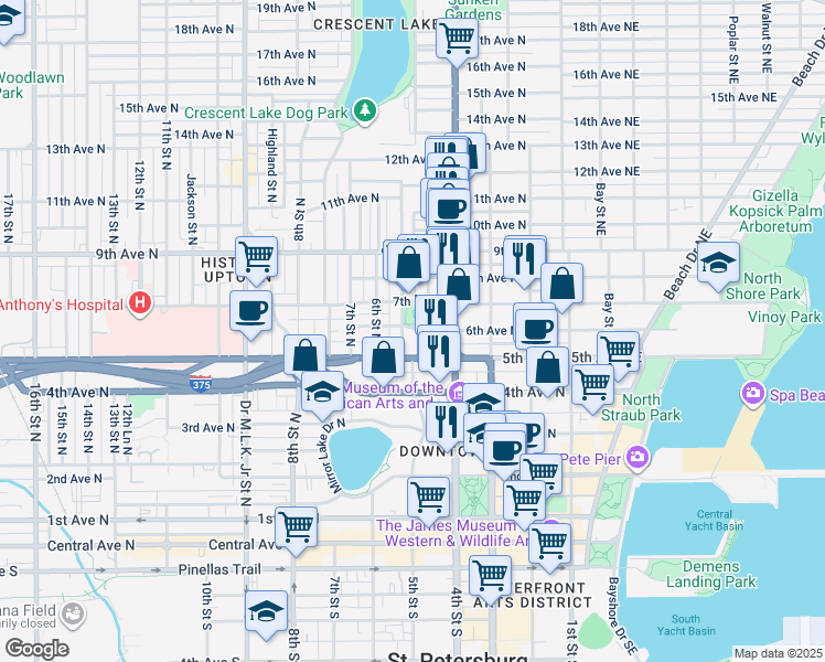 map of restaurants, bars, coffee shops, grocery stores, and more near 492 6th Avenue North in Saint Petersburg