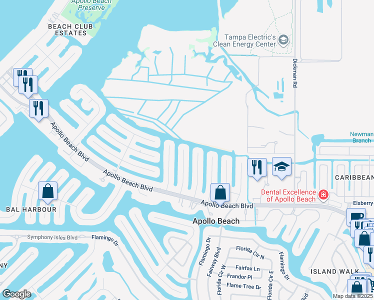 map of restaurants, bars, coffee shops, grocery stores, and more near 6531 Santiago Court in Apollo Beach