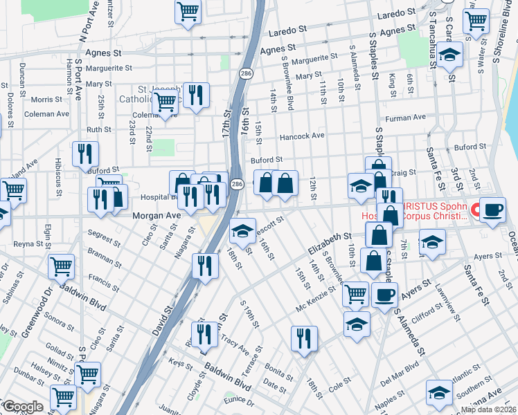 map of restaurants, bars, coffee shops, grocery stores, and more near 1236 16th Street in Corpus Christi
