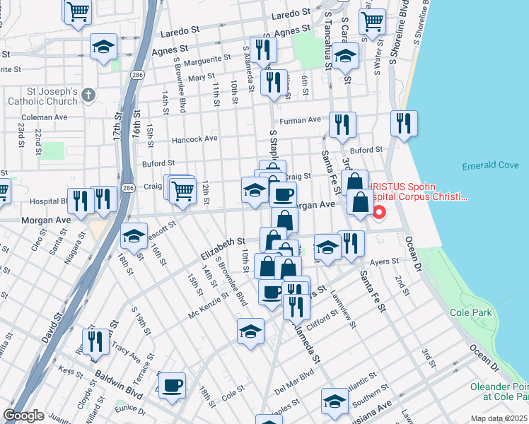 map of restaurants, bars, coffee shops, grocery stores, and more near 1121 Morgan Avenue in Corpus Christi
