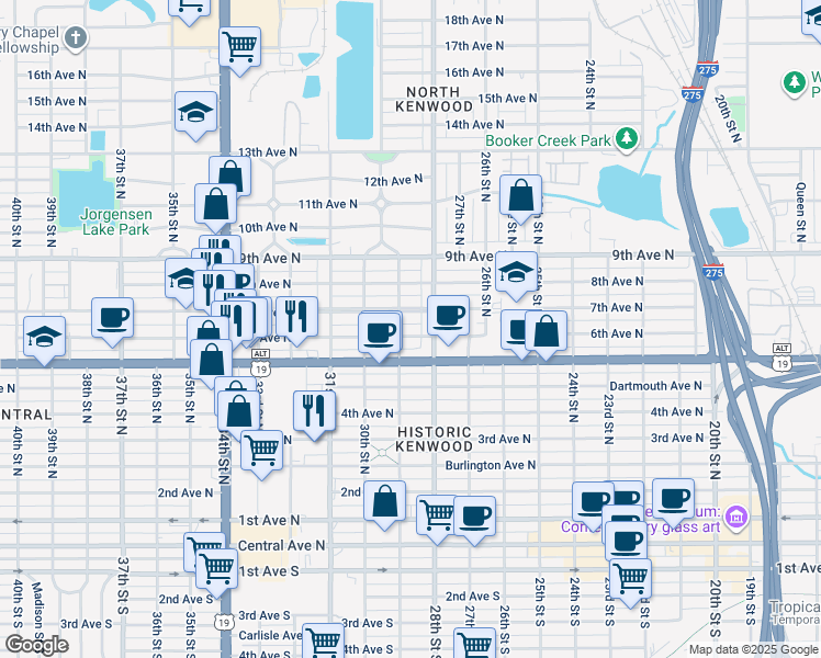 map of restaurants, bars, coffee shops, grocery stores, and more near 2855 6th Avenue North in St. Petersburg