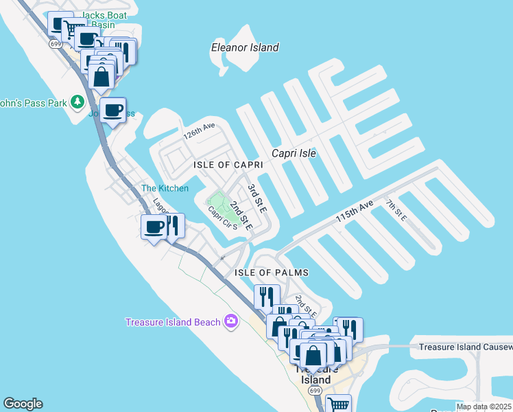 map of restaurants, bars, coffee shops, grocery stores, and more near 262 Sea Mist Drive in Treasure Island