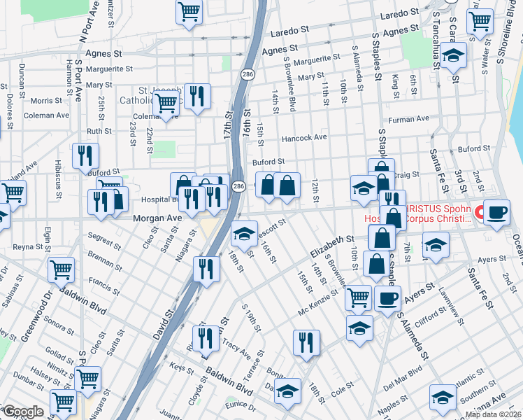 map of restaurants, bars, coffee shops, grocery stores, and more near 1236 16th Street in Corpus Christi