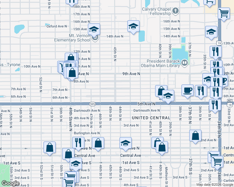 map of restaurants, bars, coffee shops, grocery stores, and more near 601 45th Street North in St. Petersburg