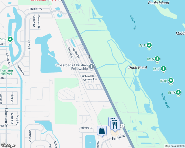map of restaurants, bars, coffee shops, grocery stores, and more near 199 Jimmy Street in Sebastian