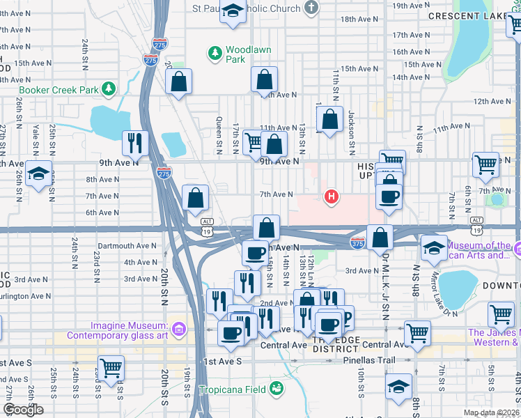 map of restaurants, bars, coffee shops, grocery stores, and more near 607 1/2 16th Street North in St. Petersburg