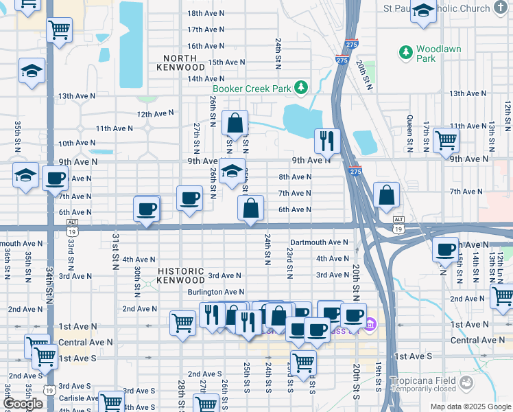 map of restaurants, bars, coffee shops, grocery stores, and more near 2439 6th Avenue North in St. Petersburg
