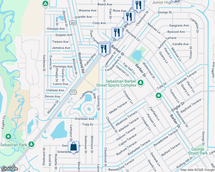 map of restaurants, bars, coffee shops, grocery stores, and more near 1151 Clearmont St in Sebastian