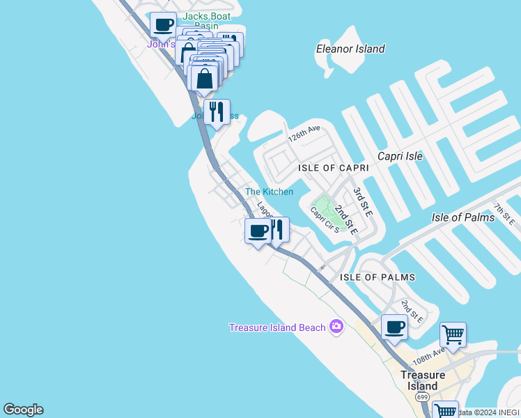 map of restaurants, bars, coffee shops, grocery stores, and more near 109 123rd Avenue in Treasure Island