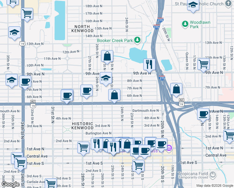 map of restaurants, bars, coffee shops, grocery stores, and more near 2439 6th Avenue North in St. Petersburg