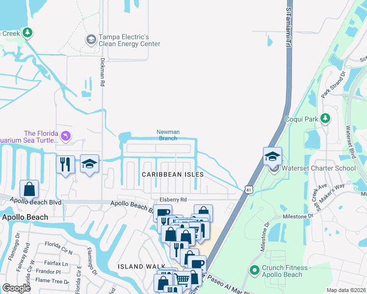 map of restaurants, bars, coffee shops, grocery stores, and more near 106 Saint Thomas Circle North in Apollo Beach