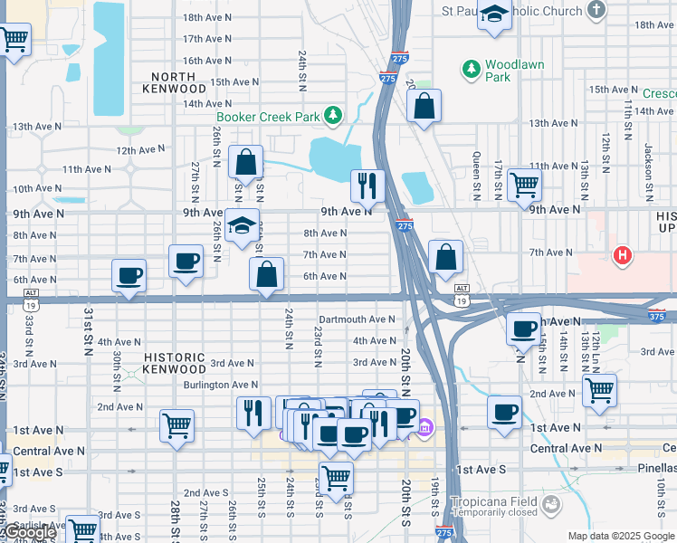 map of restaurants, bars, coffee shops, grocery stores, and more near 2215 6th Avenue North in Saint Petersburg