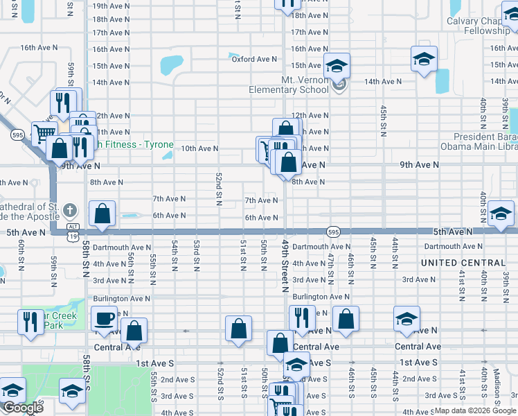 map of restaurants, bars, coffee shops, grocery stores, and more near 4940 7th Avenue North in St. Petersburg
