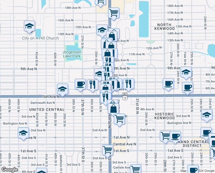 map of restaurants, bars, coffee shops, grocery stores, and more near 600 U.S. 19 in St. Petersburg